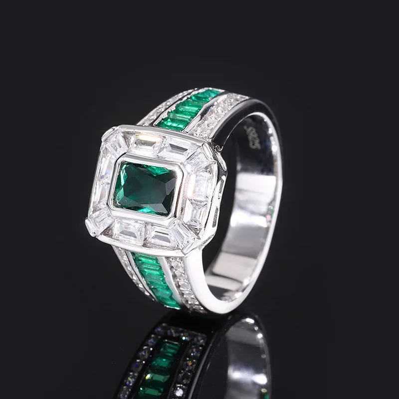 S925 Silver Treasure White Diamond Green Diamond Classic Square Diamond Jade Ring Mother Lead Stone 5 * 7 Wedding Ring