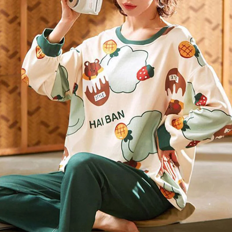 New Women's Pajamas Homewear Suit Women's Spring and Autumn Models Long-Sleeved Autumn and Winter Homewear Large Size Loose Suit