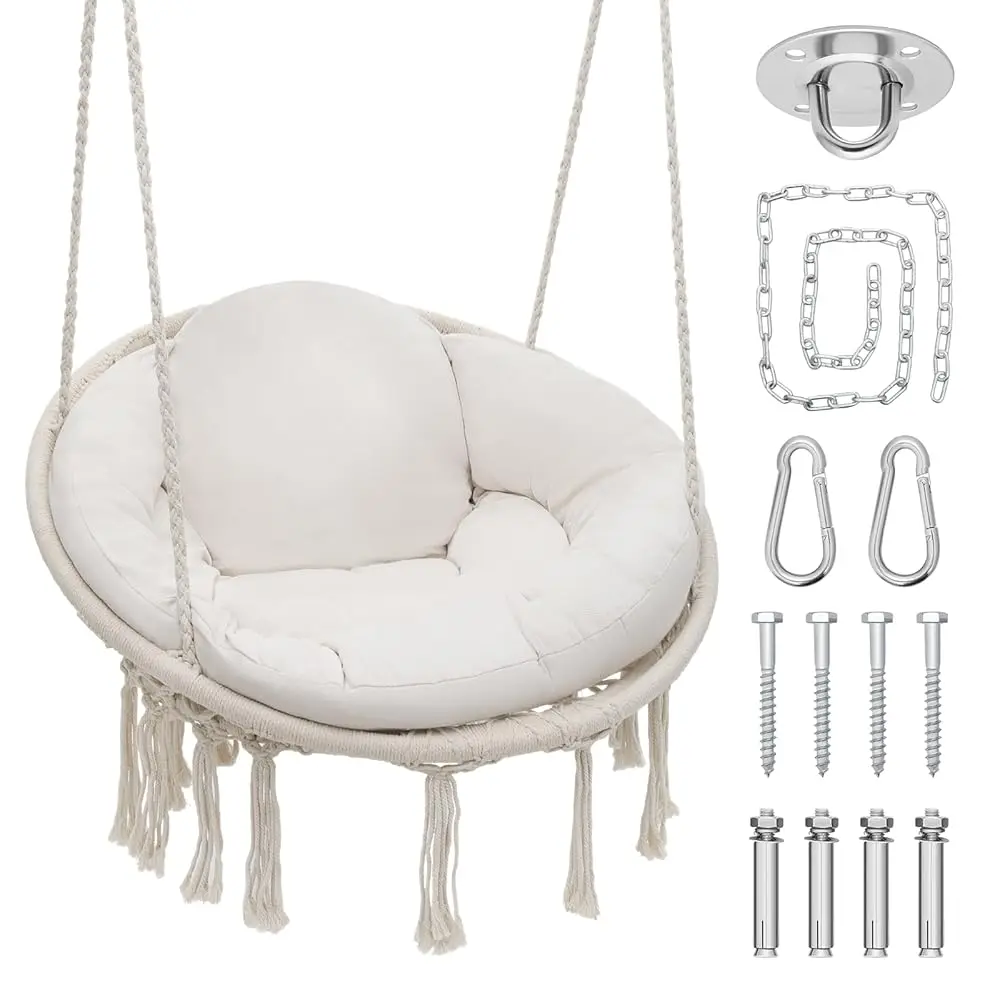 

Hammo Chair Hanging Swing Chair With Large Thi Cushions, Outdoor Hanging Chair With Rame Cotton Rope For Indoor, Outdoor,