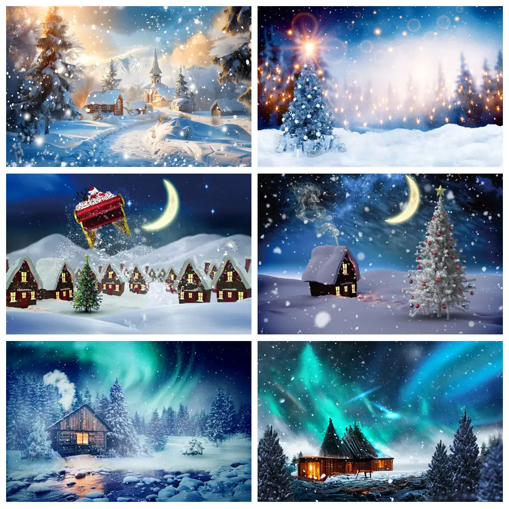 Winter Aurora Christmas Backdrops Photography North Pole Night Snowman Country House Natural Scene Photographic Background Decor