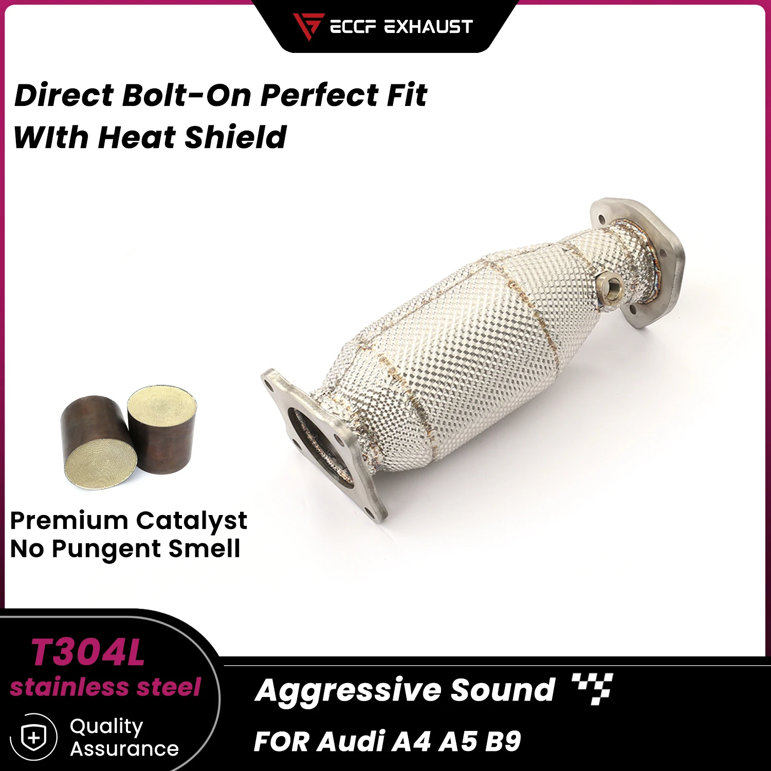 

Stainless Steel Downpipe With Heat Shield For Audi A4 A5 B9 Aggressive Exhaust Sound High Flow Performance Upgrade