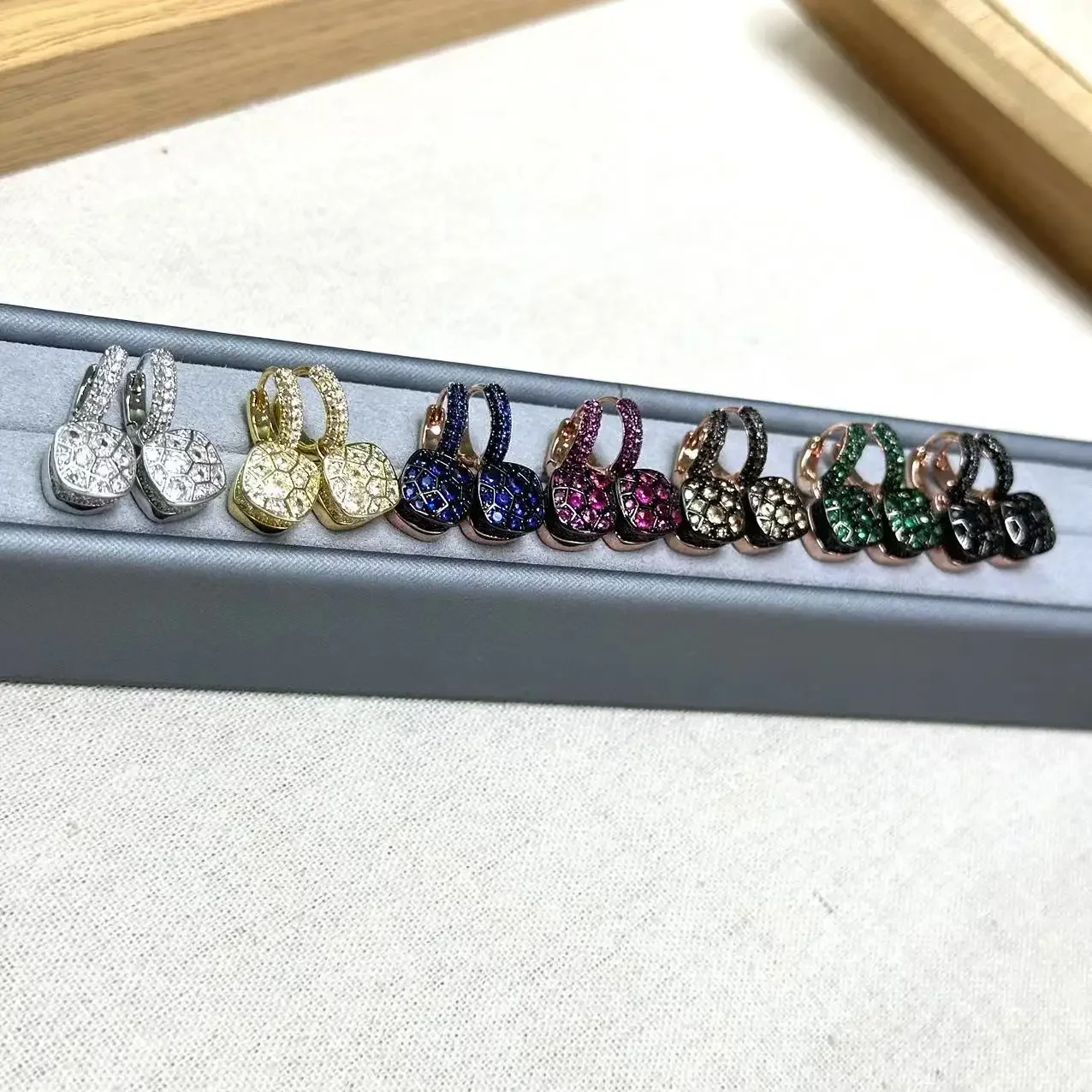 10.6mm Honeycomb Earrings Inlay Colorful Zircon For Women Blue Champagne Green Drop Square Earring Fashion Jewelry Gift