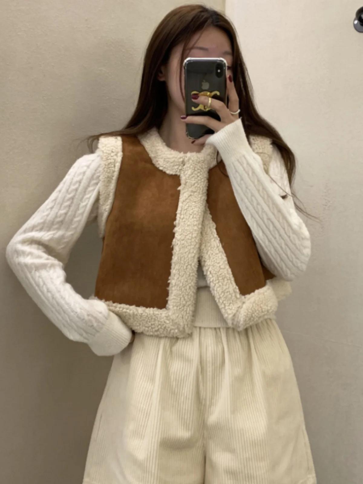 Women's Short Suede Vest Fake Lamb Fur Splicing Winter Clothes Double-Sided Wear Thickened round Neck No-Cuff  Color