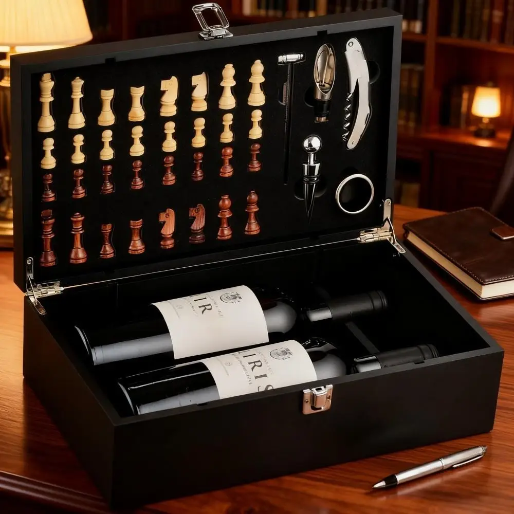 

Black Wooden Box Wine Case Carrying Box, With Checkered Pattern, Wine Opener Set, Suitable For Gift-Giving During Festivals