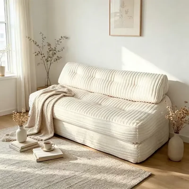 Cream Foldable Lazy Sofa, Vacuum Compressed Tatami Lounger, Single/Double Seat, Sit & Lie