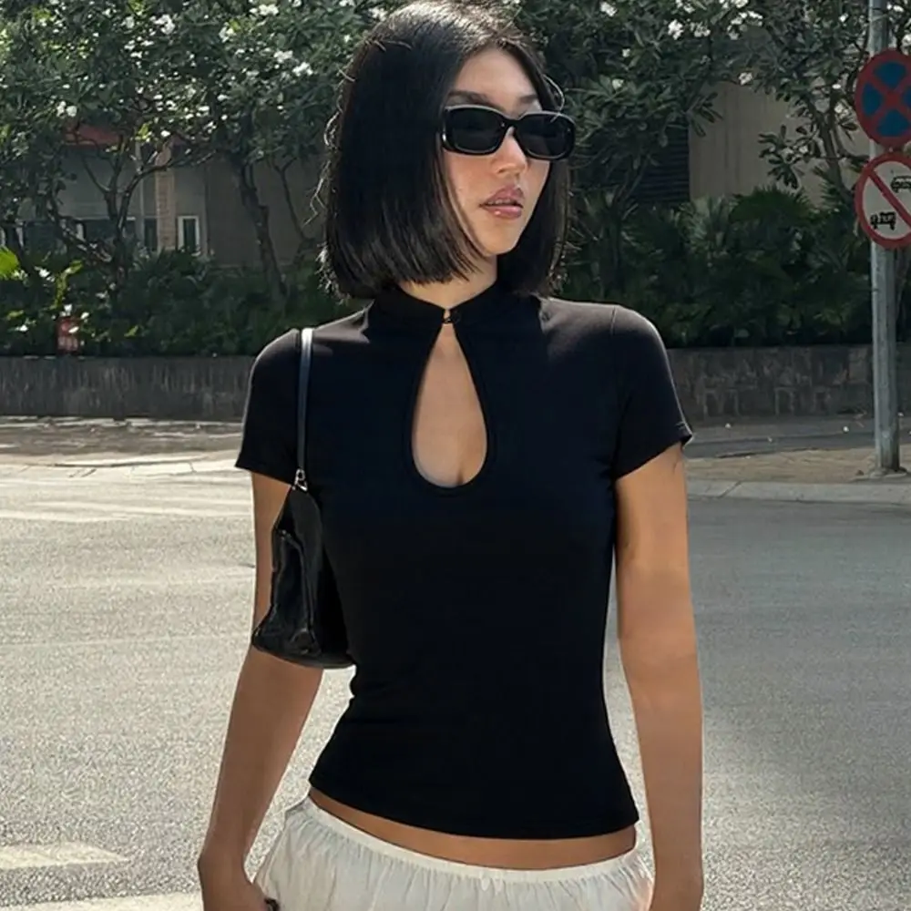 Stand Collar Hollow Out T-Shirt Chinese Style Keyhole Cutout Mandarin Collar Top Short Length Slim Fit Short Sleeve Tee
