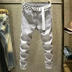 Spring Autumn Korean Harajuku Fashion Luxury Streetwear Trendy Casual Stretch Smoky Grey Printed Design Slim Denim Jeans for Men