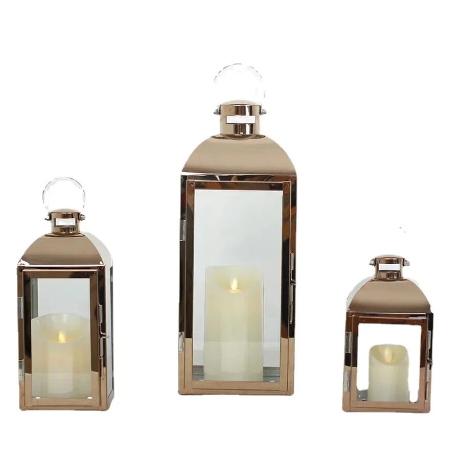 

Nordic Gold Glass Candle Holders Large Outdoor Wedding Table Decoration Stainless Steel Wind Lamp Candle Lantern Candelabra New