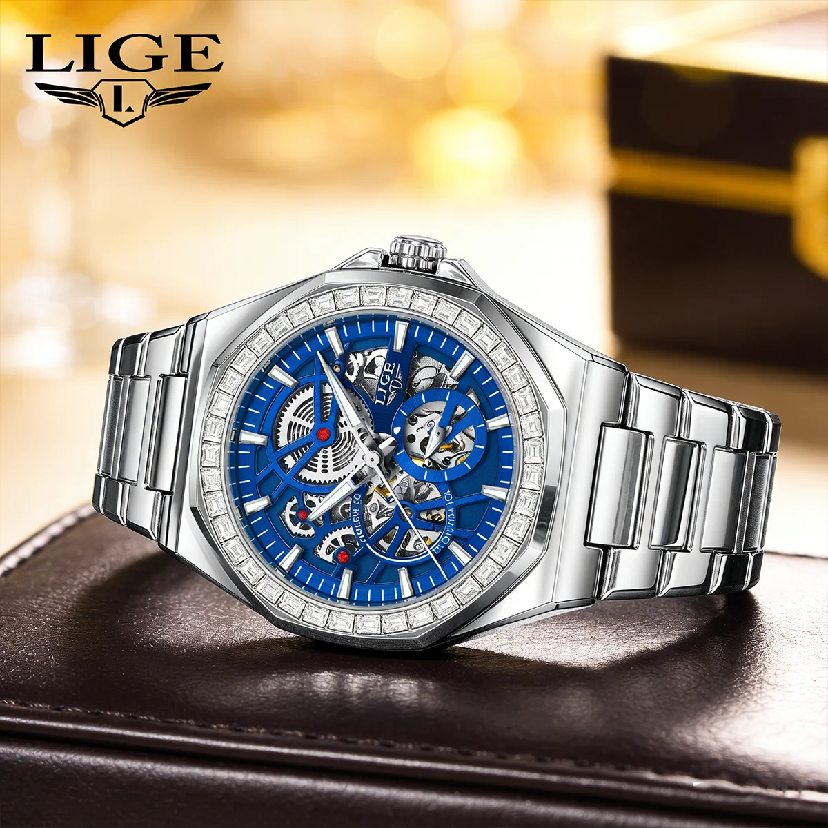 

LIGE Skeleton Men's Watch Ring Luxury Automatic Mechanical Watches Luminous Waterproof Stainless Steel Strap Watch Reloj Hombre