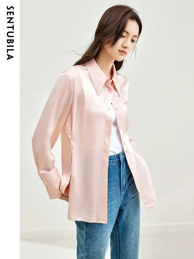 SENTUBILA 여성 우아한 셔츠 & 블라우스 2025 봄 오피스 레이디스 긴팔 탑 버튼 다운 릴랙스 핏 셔츠 M43C57999X