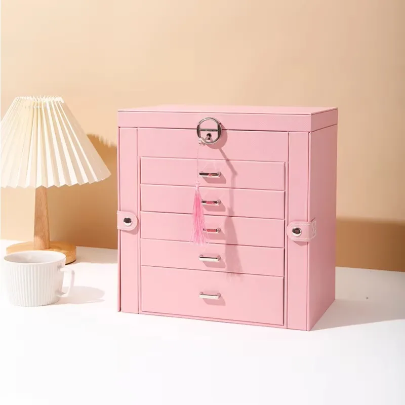 Scatole portaoggetti per trucco multifunzione in pelle PU impermeabile Scatola portaoggetti per esposizione di gioielli cosmetici a 5 strati