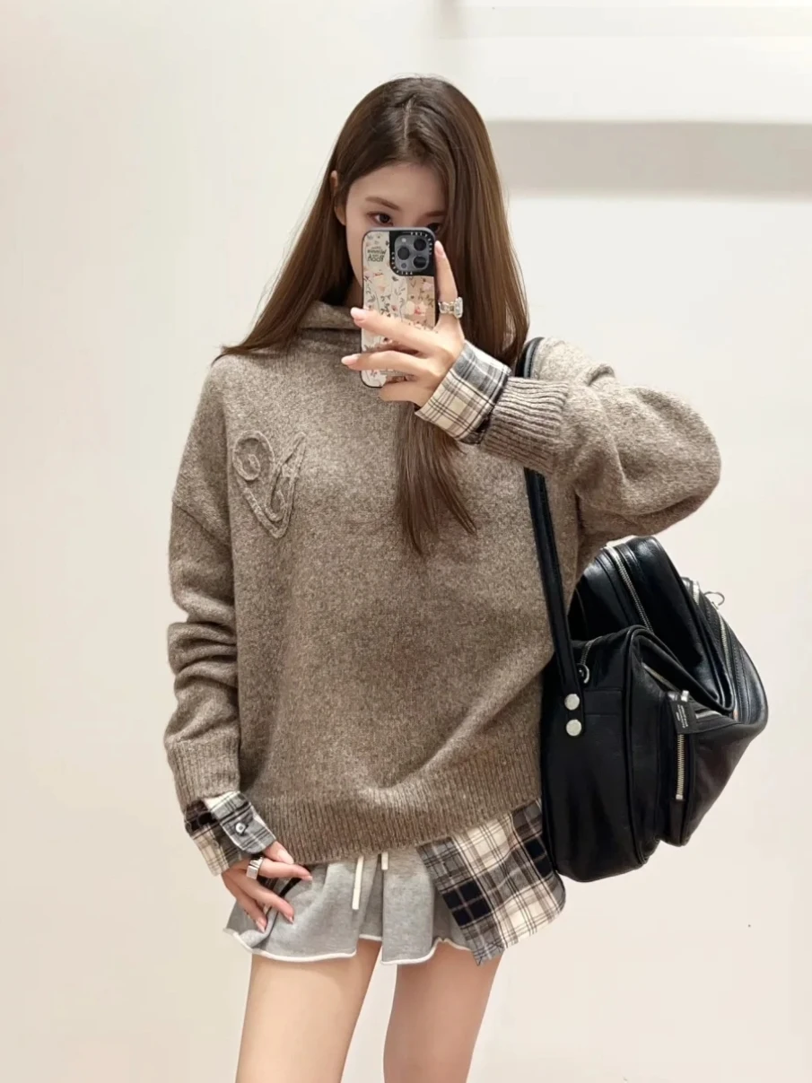 

SUNTEEZA Plaid Patchwork irt Hem Fake Two-Piece Heart Hooded Knitted Sweater Women's Loose Fit Cotton Cheered Pattern