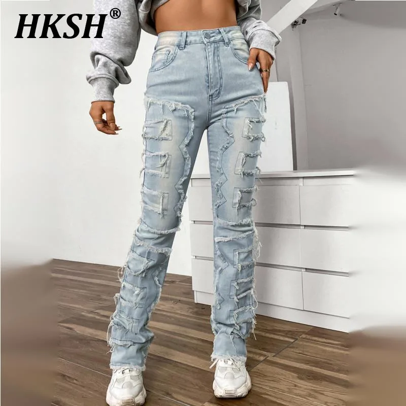 HKSH Spring Autumn New Women's Tide Denim Pants Embroidered Straight Fashion Ins Elastic Patchwork Layered Jeans Vintage HK3514