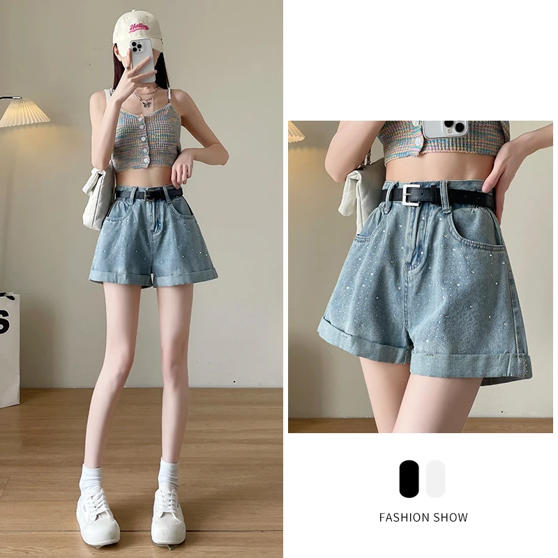 Rhinestone Rolled Denim Shorts Women Summer Blue High Waist Wide Leg Short Pants Female Loose Casual Shorts