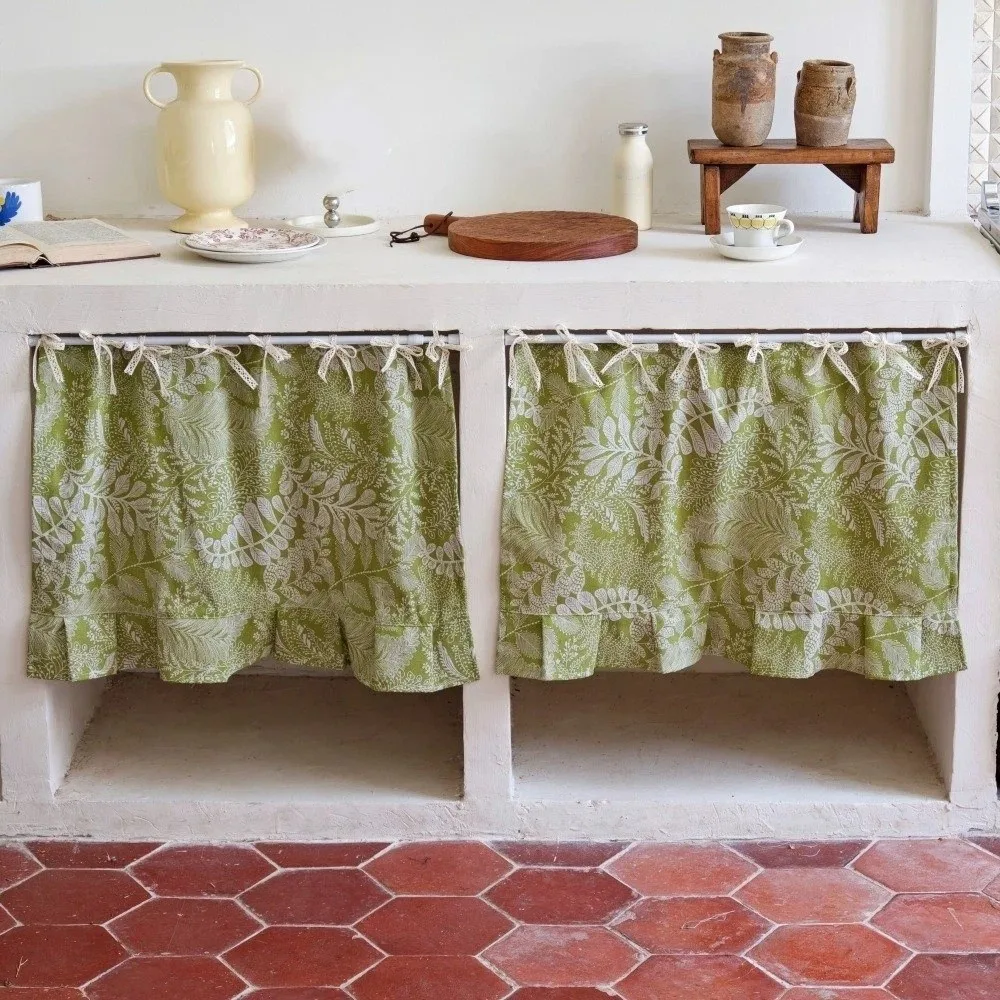 Vintage Kitchen Oven Skirt Light Blocking Lace Strap Cabinet Curtains Leaf Pattern Dust Proof Room Partition Curtain