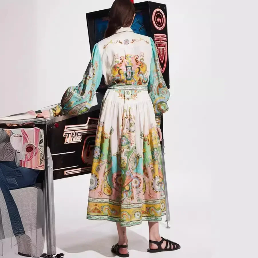 Robe mi-longue décontractée à manches lanterne pour femmes, imprimé graphique vintage, robe élégante pour dames, col rabattu, vacances, nouveau, 2024