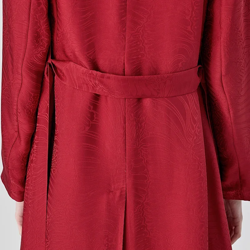 VOA 100% pur mûrier soie Jacquard vin rouge col en v à manches longues coupe-vent deux boutons ceinture ample droite Trench manteau FE376