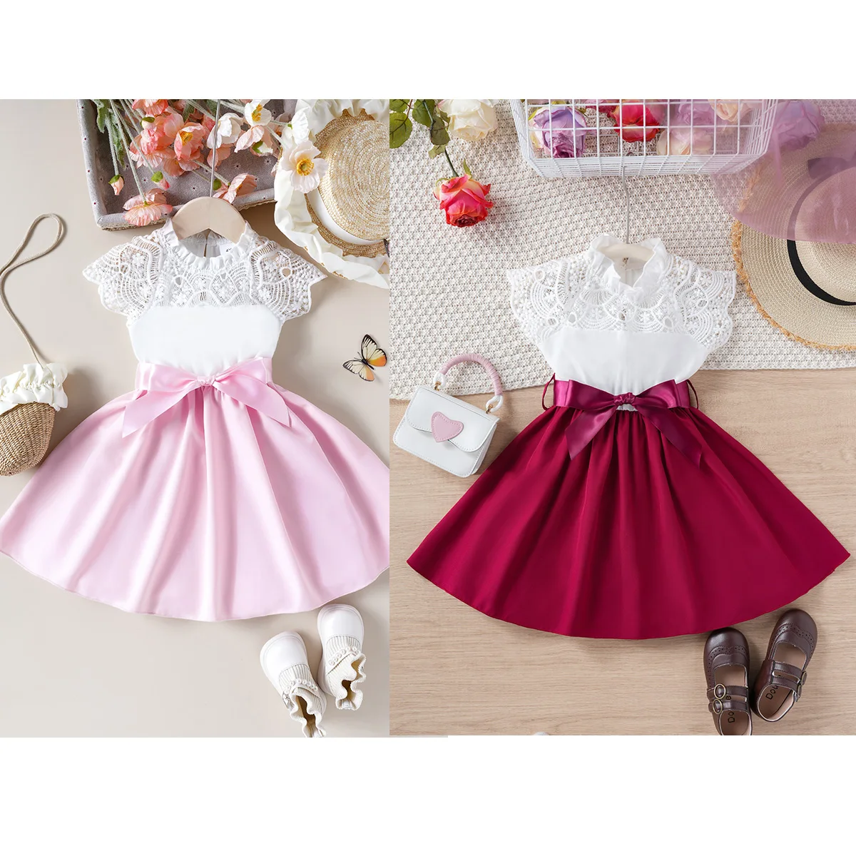 Girls Summer Elegant Lady Lace Splicing Small Flying Sleeves Back Button Round Neck Waist Dress and Belt Two-Piece Set