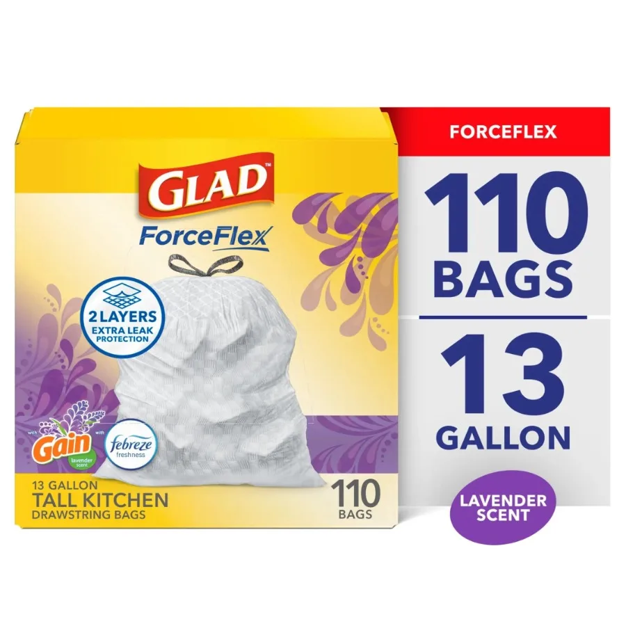 

Мусорные пакеты ForceFlex Tall Kitchen Drawstring, 13 галлонов, с ароматом лаванды Gain и освежителем Febreze, 110 штук - идеально подходят для больших кухонь.