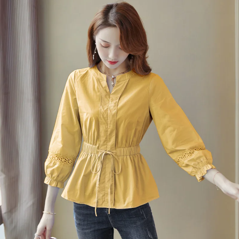 Spring New Drawstring Loose Hollow Out Blouse Solid Color Lacing Pleated All-match Shirt Tops Elegant Vintage Women Clothing