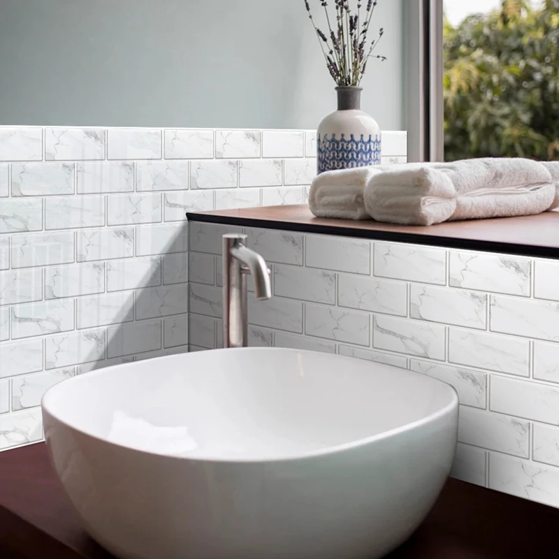 バックスプラッシュ タイル 12 シート 剥がして貼るだけのバックスプラッシュ タイル、フェイクホワイト大理石風 PVC スティック