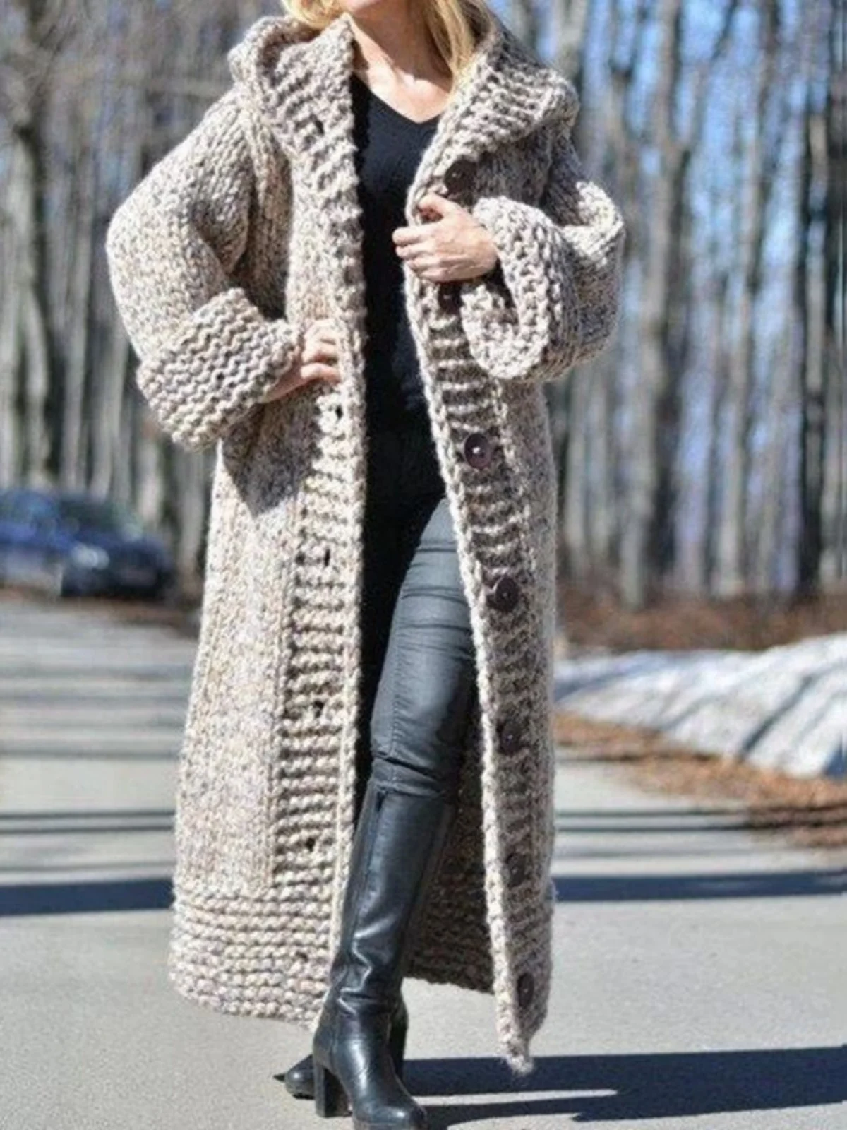 

Thi вязаный длинный кардиган женский открытый кардиган свитер уличный свободный крой теплая осенне-зимняя верхняя одежда обычный све