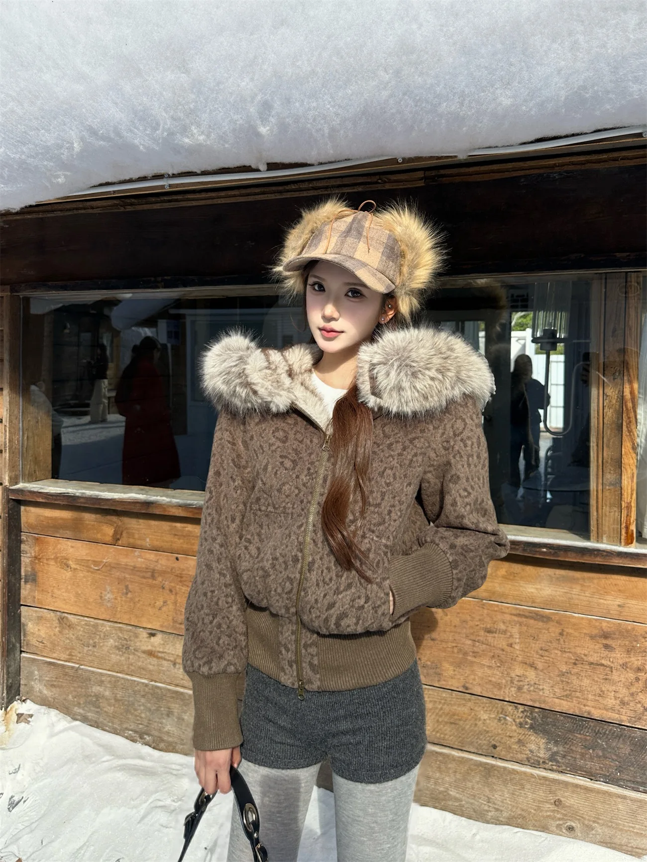 

MOXI Wild Leopard Print Wool Collar Casual Jaet Loose Cotton Coat Sweet And Spicy Sle Women's Faion Winter Coat