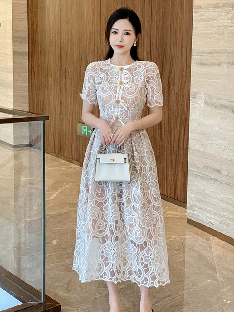 2024 Summer New Elegant O-neck Short Sleeve Lace White Dresses  Women Bow Beaded Hollow out Wedding Prom One Piece Dress Female