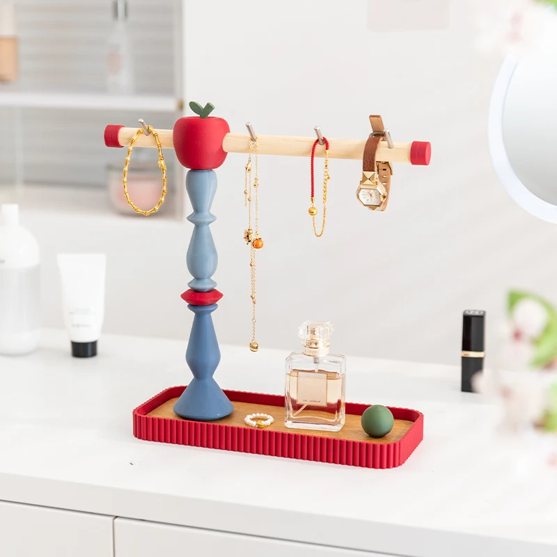 

Creative Apple Jewelry Organizer Stand Wooden Bracelet Watch Necklace Holder with Tray for Vanity Dresser or Gift Display