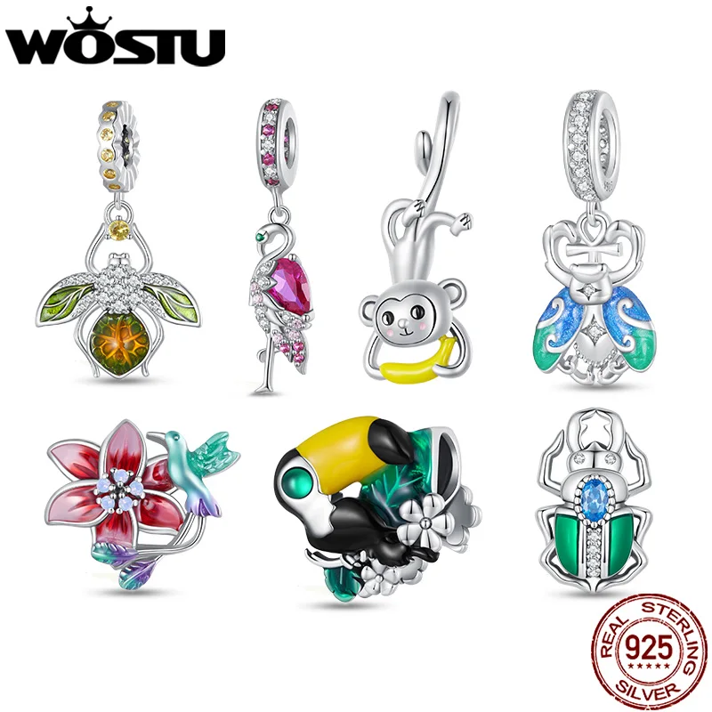 WOSTU 925 Sterling Silver Monkey Toucan Bird Charm Beetle Pendant Rainbow Beads Fit Original Bracelet DIY Necklace Jewelry Make