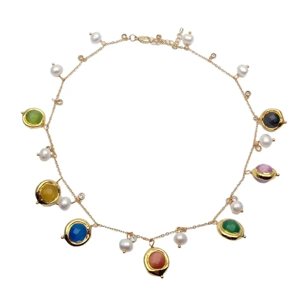 KKGEM 14mm Multi Color Cat Eye Freshwater Pearl Gold plated link chain Necklace Handmade Jewelry For Women Party