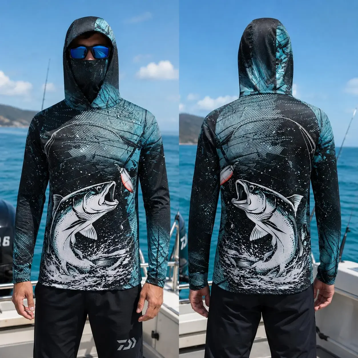 Herren Angelhemd mit Kapuze, UPF50 Sonnenschutz, Gesichtsschutz, langärmlig, Wasserdicht, Tarnmuster, schnelltrocknend, für Outdoor-Angelaktivitäten, UV-Schutz – Detail 7