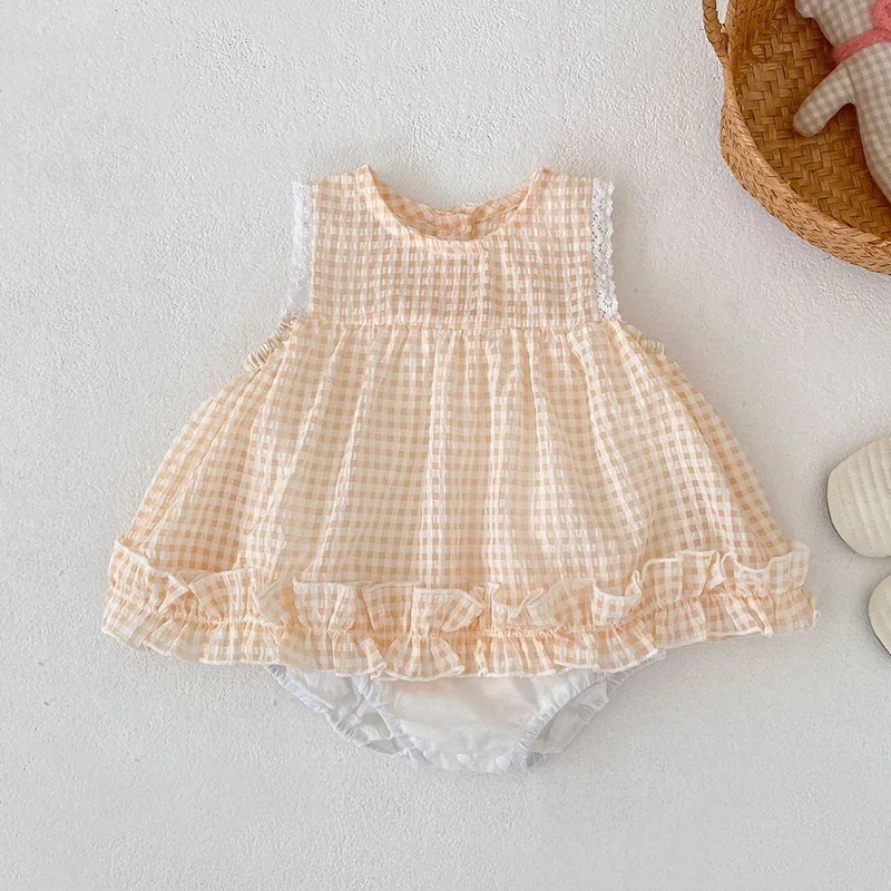 2026 New Summer Toddler Baby Girls Jumpsuit Sleeveless Cotton Grid Splicing Infant Baby Girls Bodysuits 0-24M Children Clothes