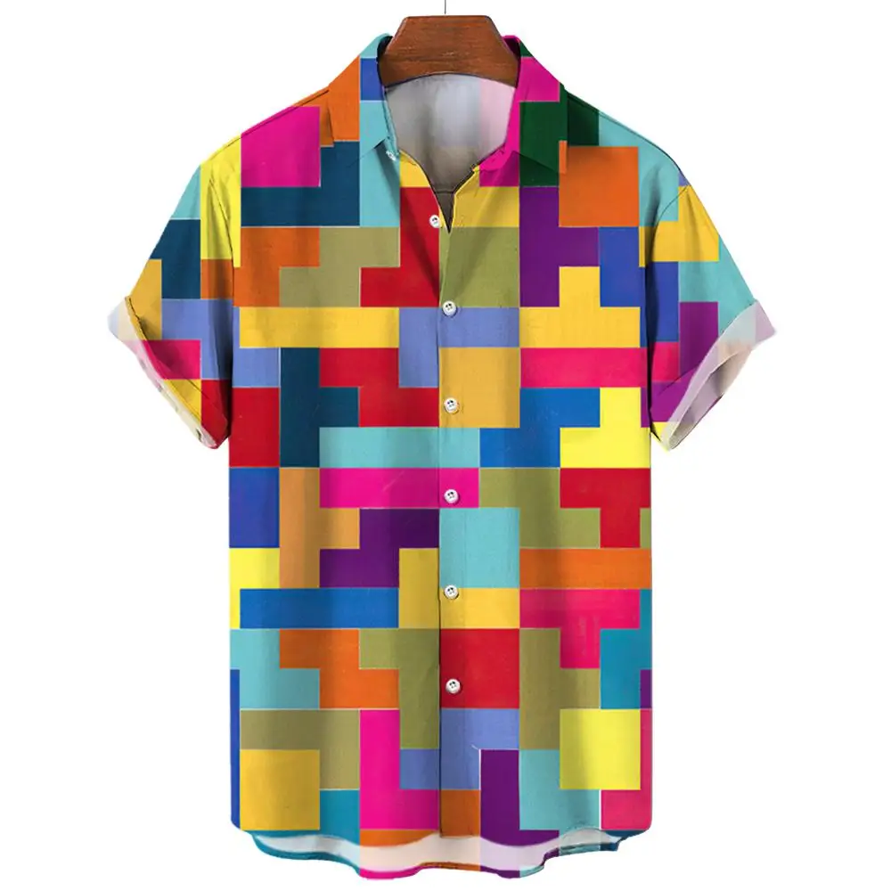 3D Print Color Block Graphics Men's Shirts Fashion Button Short Sleeve Lapel Streetwear Hawaiian Blouse shirts for men Summer