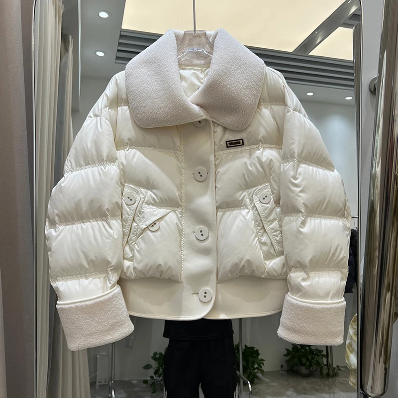 Winter Kurze Große Revers Lamm Wolle Unten Jacke Frauen Weiße Ente Unten Lose Parker Outwears Weibliche Einreiher Stepp Jacken