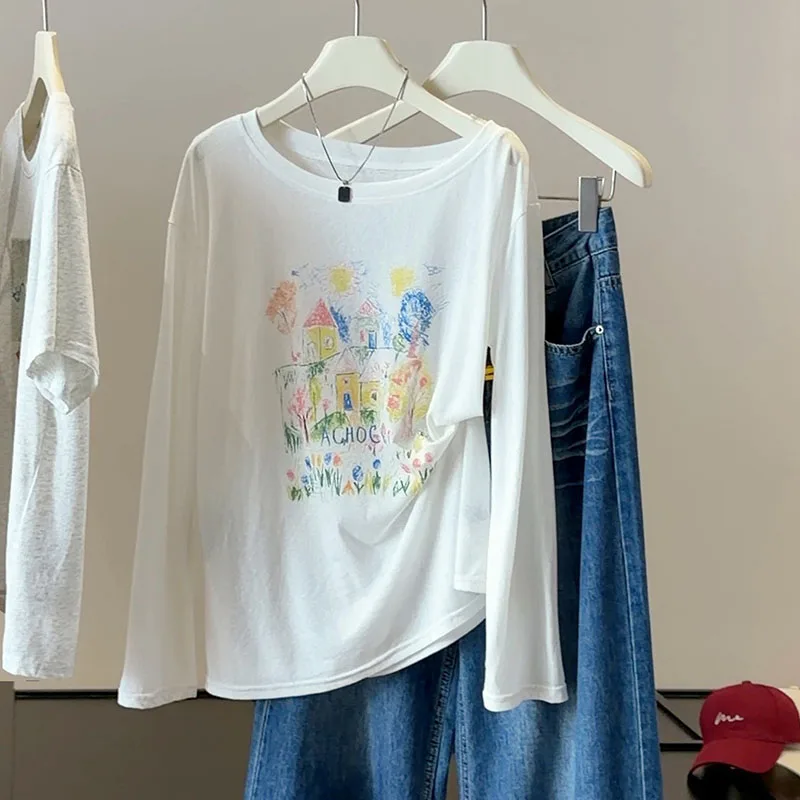 Women's Thin Long Sleeve T-Shirts Colorful Graffiti Print Loose Oversize Sun Protection Casual Basic Tees Ladies Cover Up Blouse