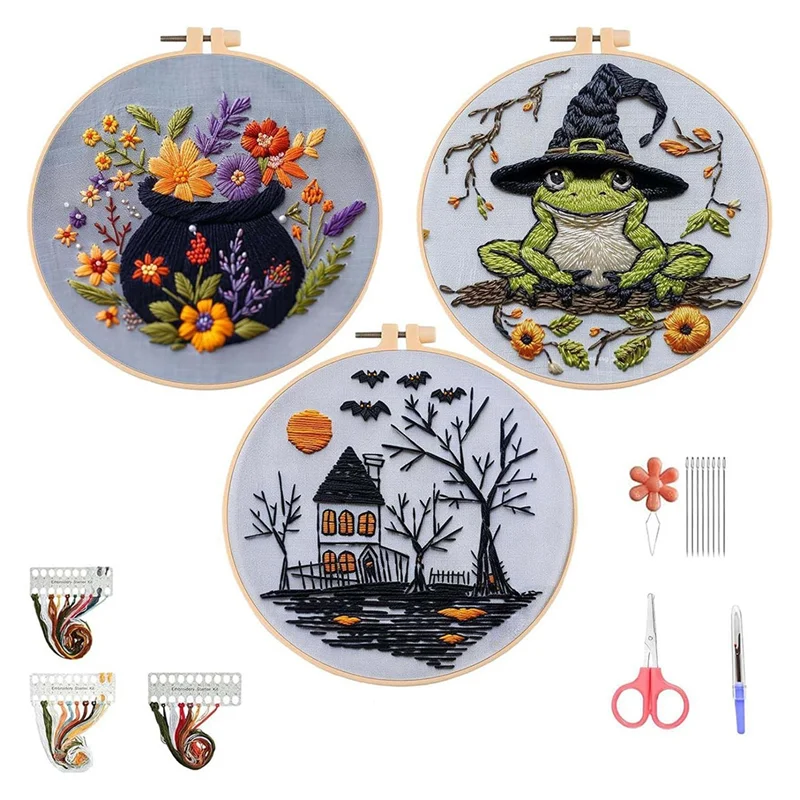 【rabatt】ゴシックハロウィン刺繍キット-diy針仕事スターターキット-大人向けの不気味なデザインパターン付き