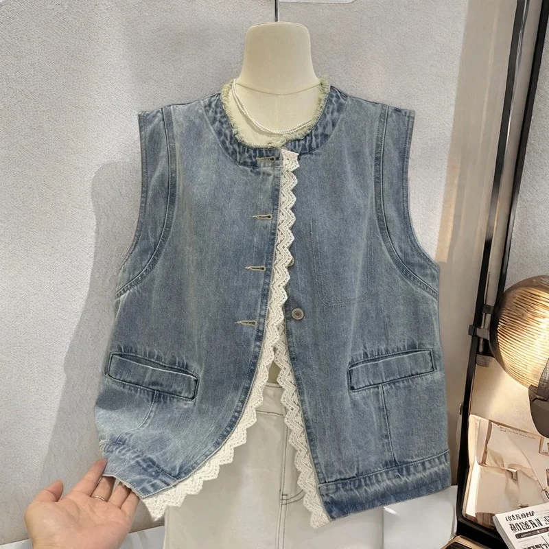 

Модный джинсовый жилет с кружевной отделкой и открытыми плечами, женская верхняя одежда для лета, для повседневной носки, с V-образным вырезом, больших размеров