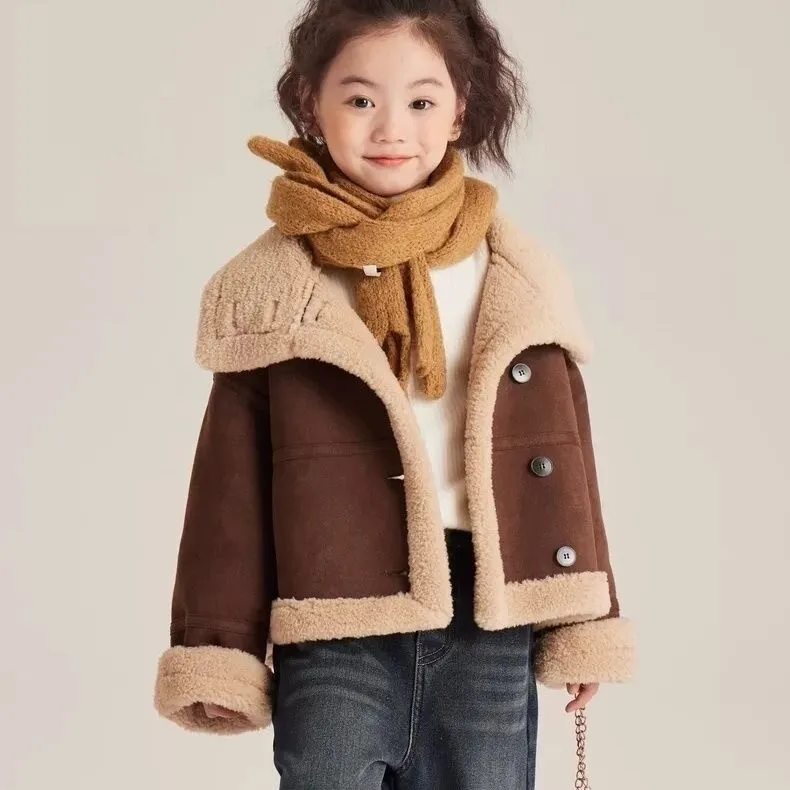 Girls Winter Jacket Thick Fur Integrated Lapel Medium And LargeCoat Children's Clothing 2025 New Winter Collection