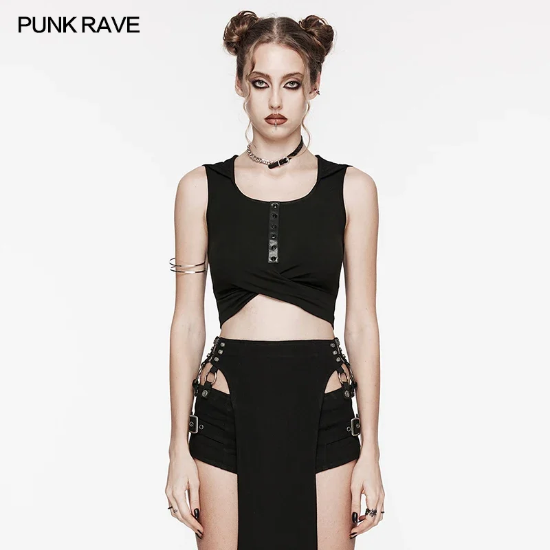 

PUNK RAVE Women's Punk Wasteland Cool Hooded Short Vest Daily Cross Pleated Design Black Tops Women Clothes Summer