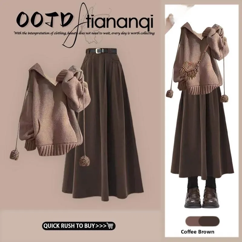 

Комплект: вязаный свитер-худи в стиле ретро и коричневая шерстяная юбка с завышенной талией, осенняя коллекция 2024, женский модный ансамбль