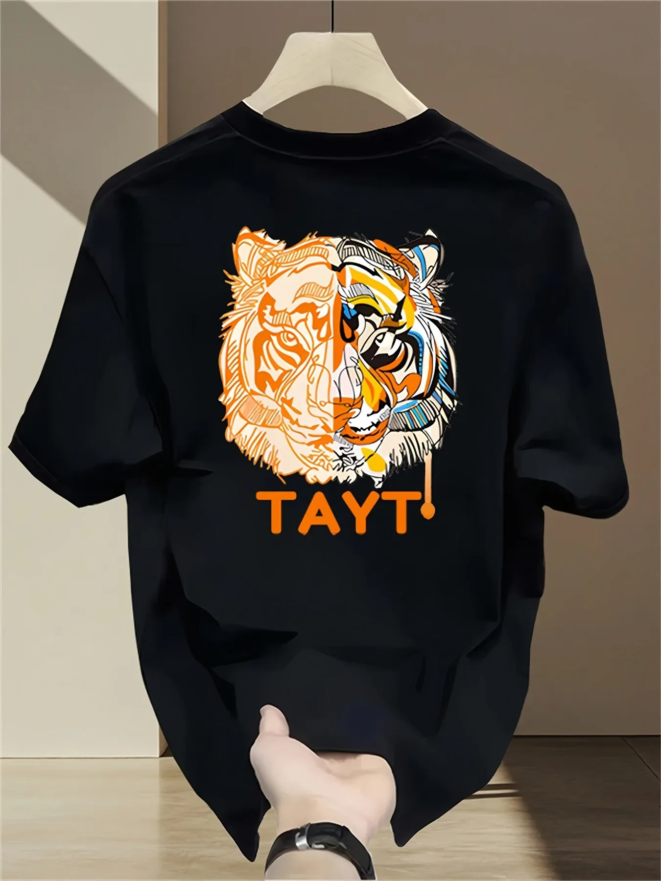 Men's 100% Cotton Tiger Print T-Shirt Color Block 