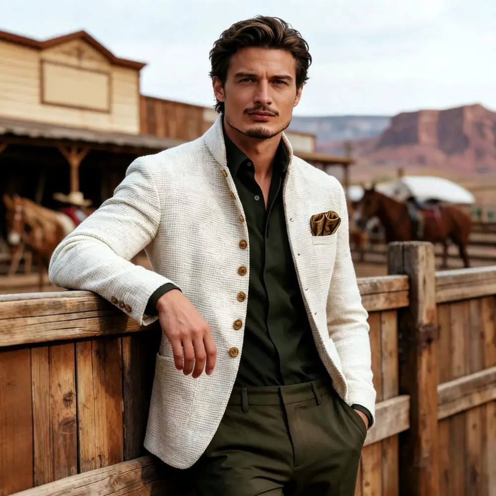 Fashion Mens Blazer Jacket Slim Fit Stand Collar Single Breasted Coat Casual Business Commuter Long Sleeve Outerwear