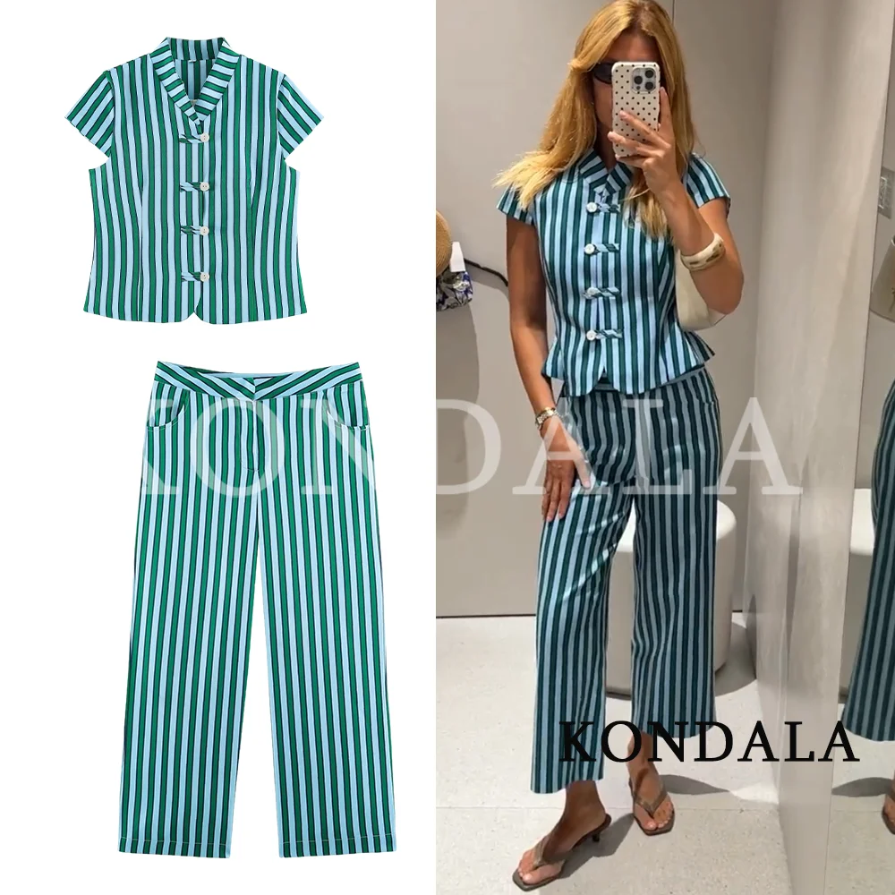KONDALA Damen Schickes Gestreiftes Hosen-Set 2026 Sommer Trendiges High-Street-Urlaubsset Elegante Freizeit-Hemden mit Seilknöpfen, Lange Hosen – Detail 3
