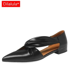 Dilalula 2025 Fashion Pointed Toe Side Empty Genuine Leather Sandals Women Low Heels Elegant Comfortable Summer Dress Flats