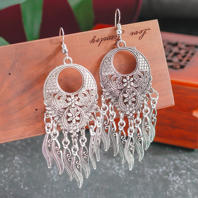 Aihua Vintage Tibet Silber Farbe große Aussage hohle geschnitzte Blumen geometrische Muster Blätter Quaste Tropfen Ohrringe für Frauen – Detail 4