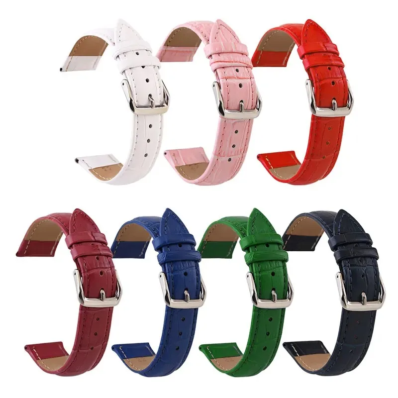 10-24mm Bamboo Pattern Leather Watch Strap Stainless Steel Silver Pin Buckle Waterproof Men Women Universal Bracelet