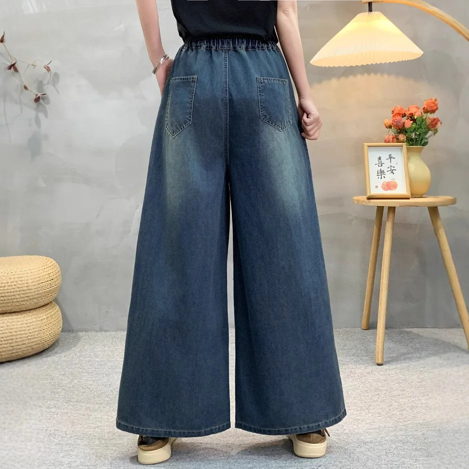 2025年夏新作 デニムコットンジーンズ レディース ウエストゴム 花柄刺繍 モリーガール ヴィンテージ ルーズストレートパンツ B55951CC