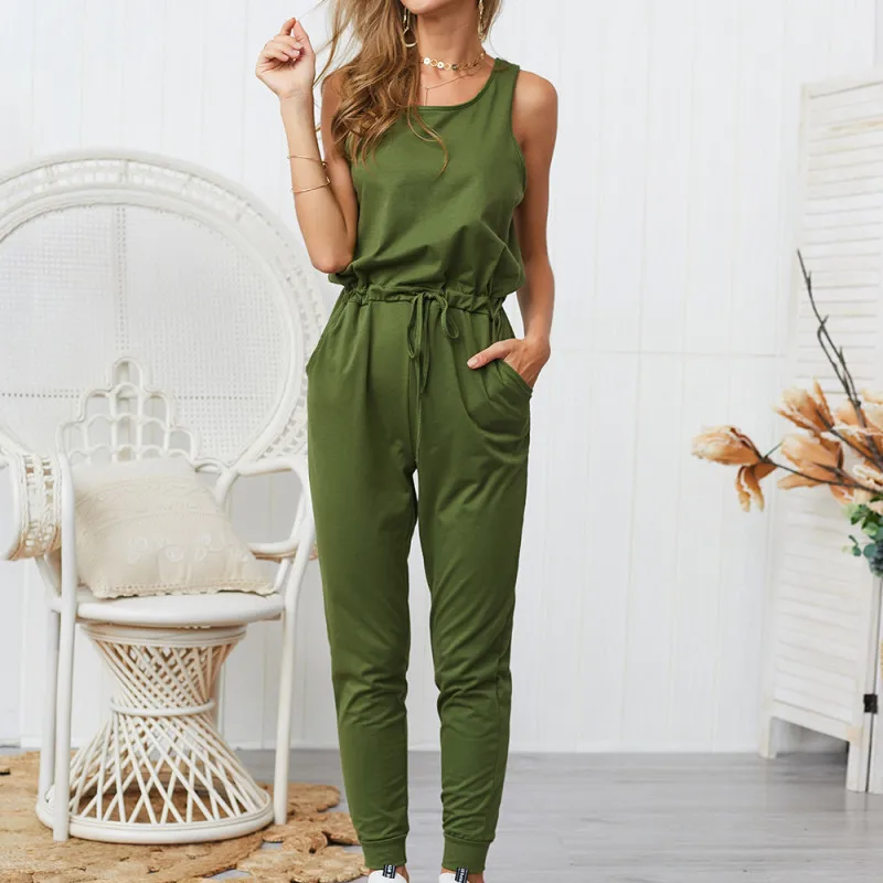 Summer Women Casual Sleeveless Jumpsuit Pockets Lace Up Femme Bodysuit Trousers Jumpsuits Beach Overalls Multicolor Playsuit