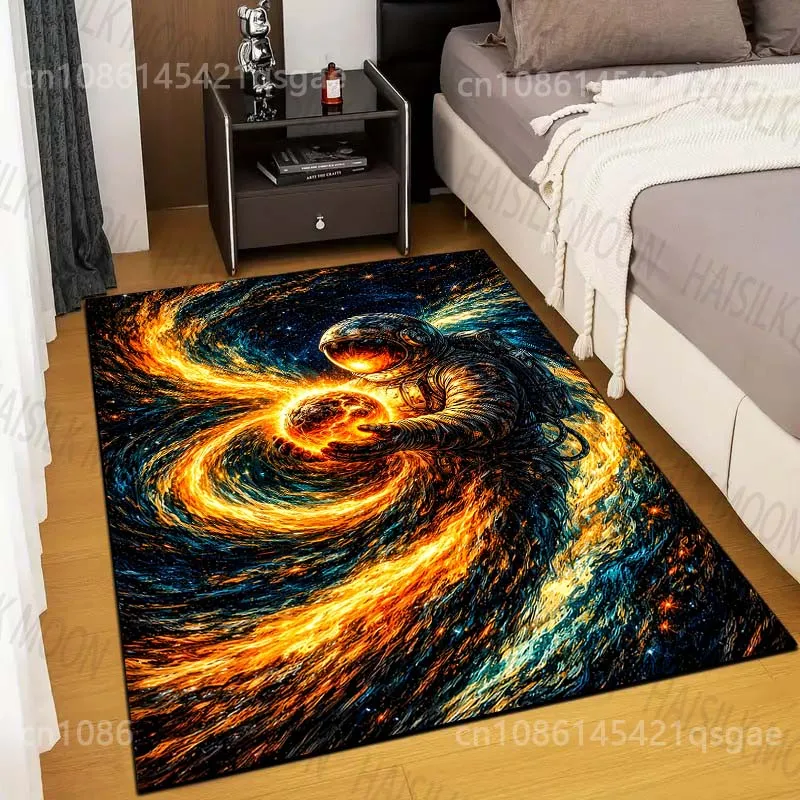 Multiple sizes Astronaut holding fiery planet Carpet for Living Room Bedroom Sofa Home Decor Rug Non-slip Floor Mat Luxury Gift